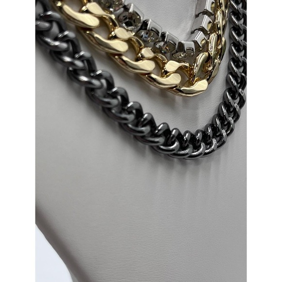 Steve Madden Layered Tri Tone Mixed Metal Bling Stones Curb Chain Necklace New - Picture 8 of 16